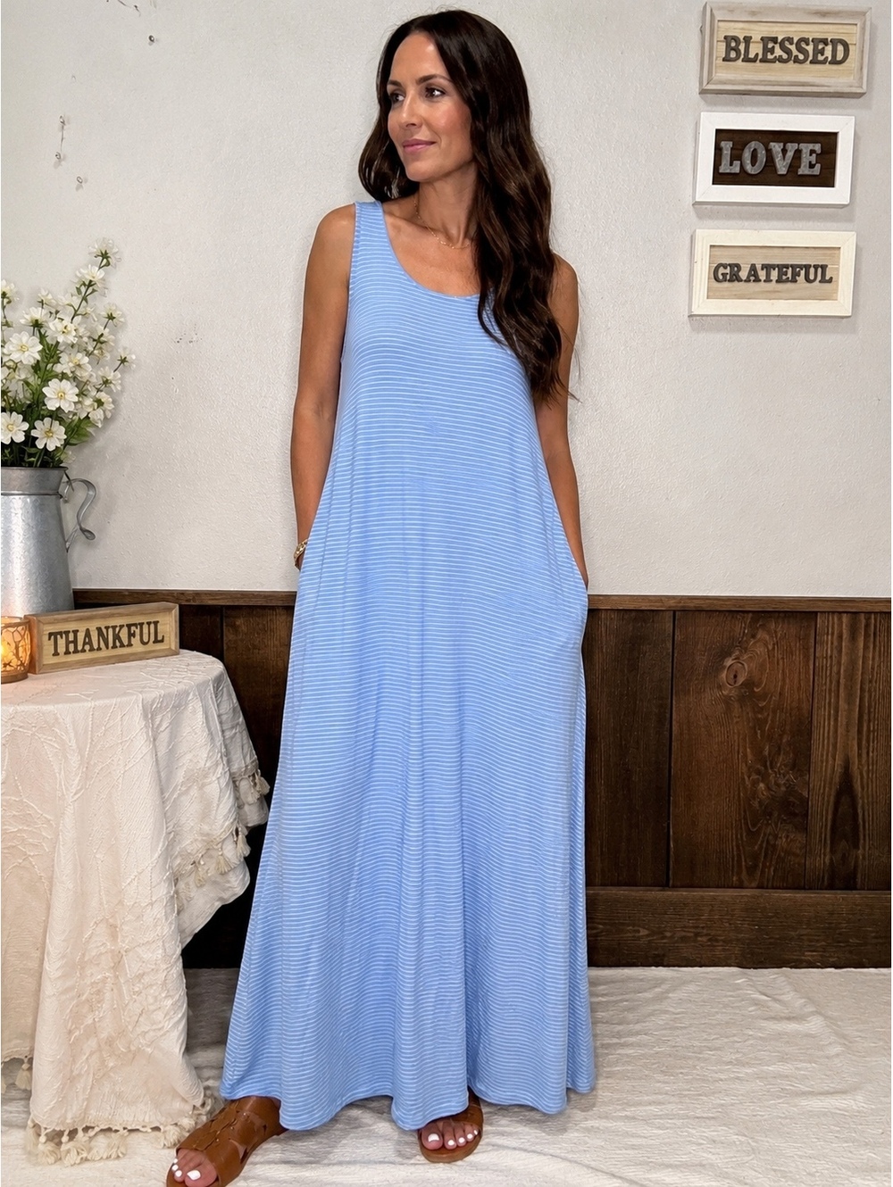 Fresh Produce Juliet Maxi Dress Womens Medium Blue White Pinstripe NWT Made USA